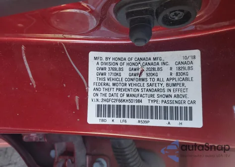 2019 Honda Civic Lx z USA, uszkodzony, nr VIN 2HGFC2F66KH501984